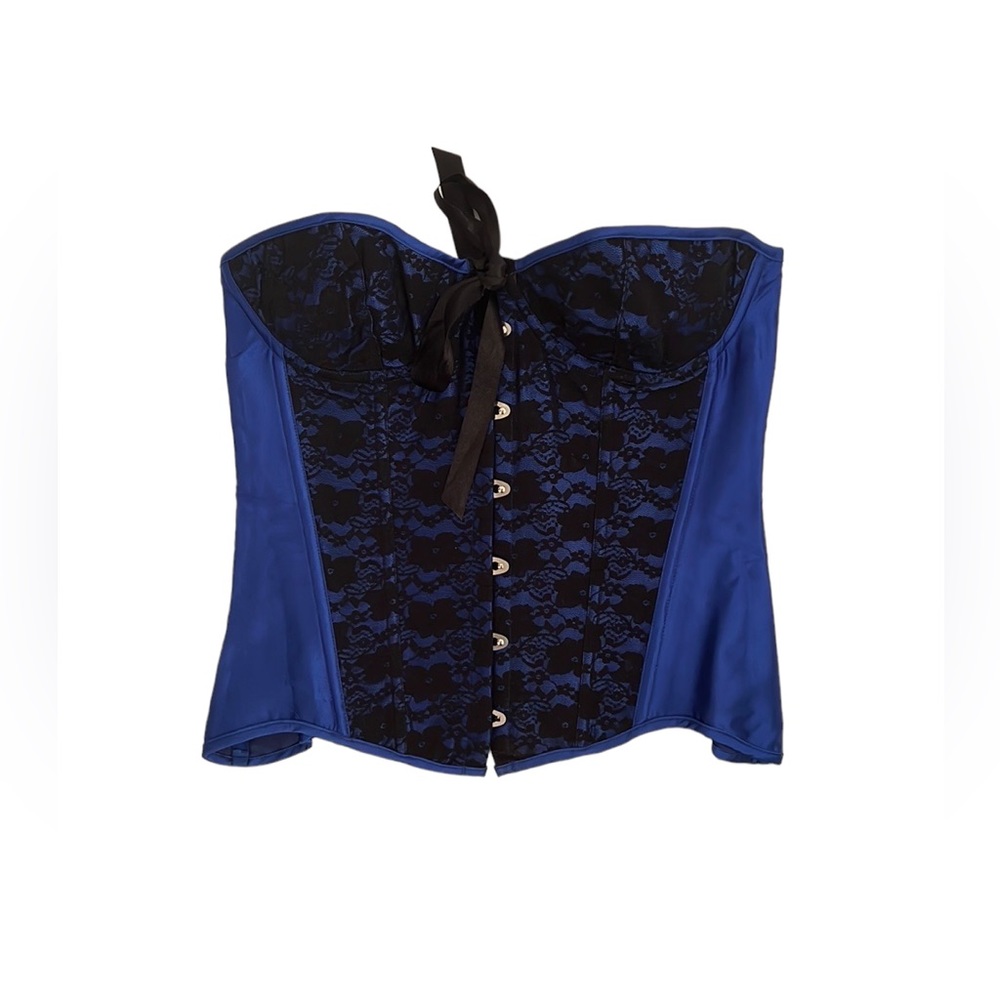 Midnight Blue Satin Lace Boned Bustier Corset